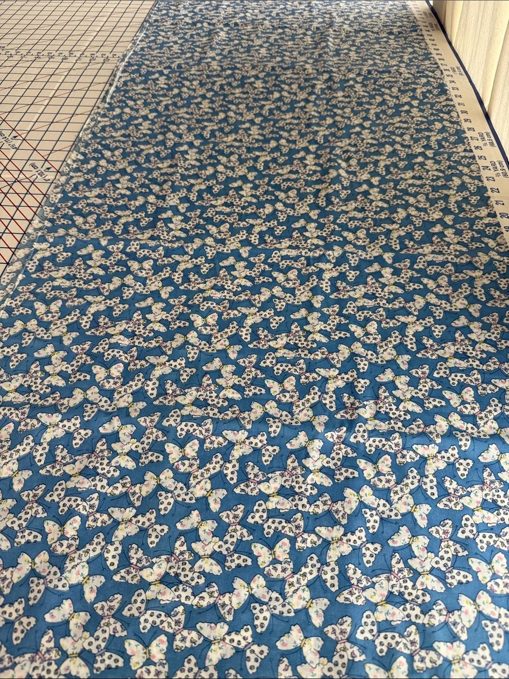 Vintage Blue Butterfly Ditsy Floral Fabric Lightweight 1 3/4 Yards x 44
